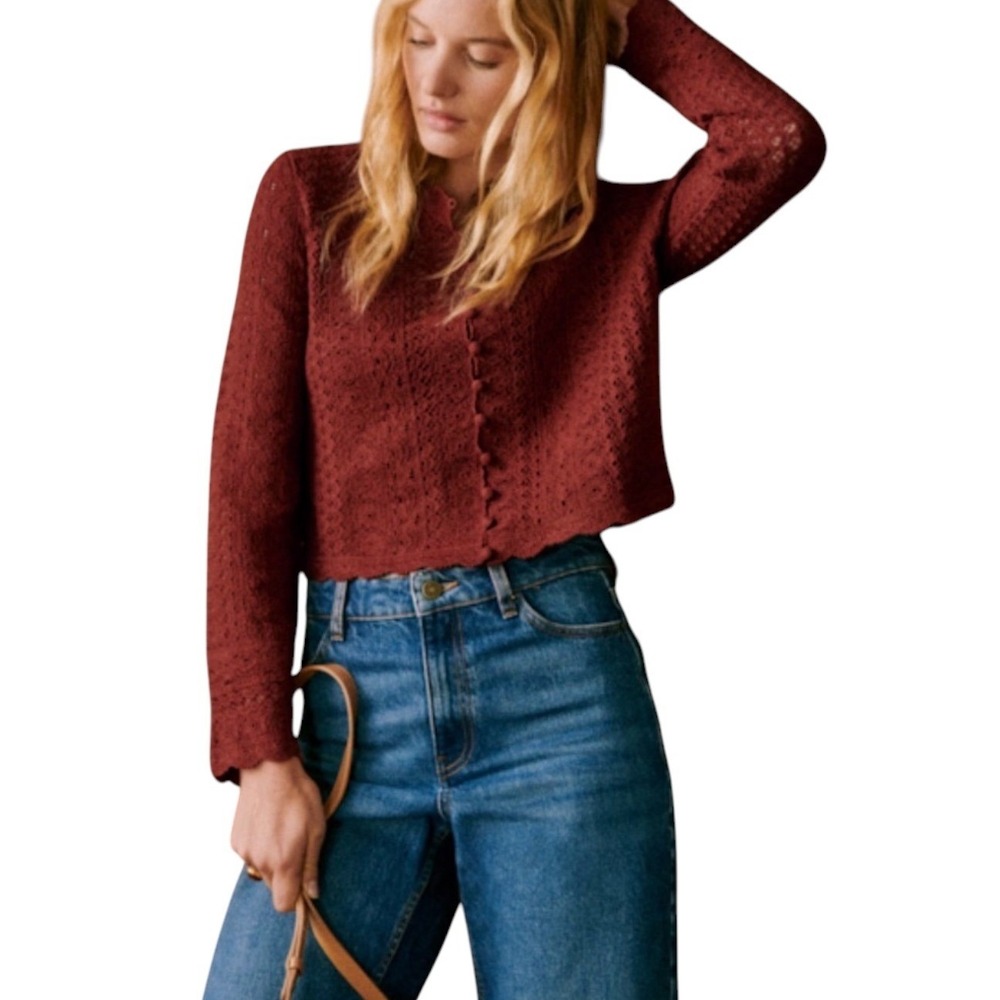 Sézane Noelie 100% Organic Cotton Crochet Crop Cardigan Brick Orange Size Large
